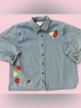 Vintage CJ Banks Cottagecore Embroidered Floral Denim Button Up Shirt Sz 1X